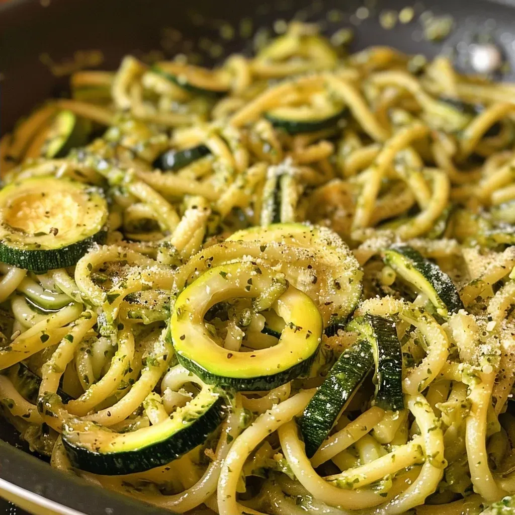 Juicy One-Pot Zucchini Pasta in a bowl, highlighting the vibrant green zucchini.