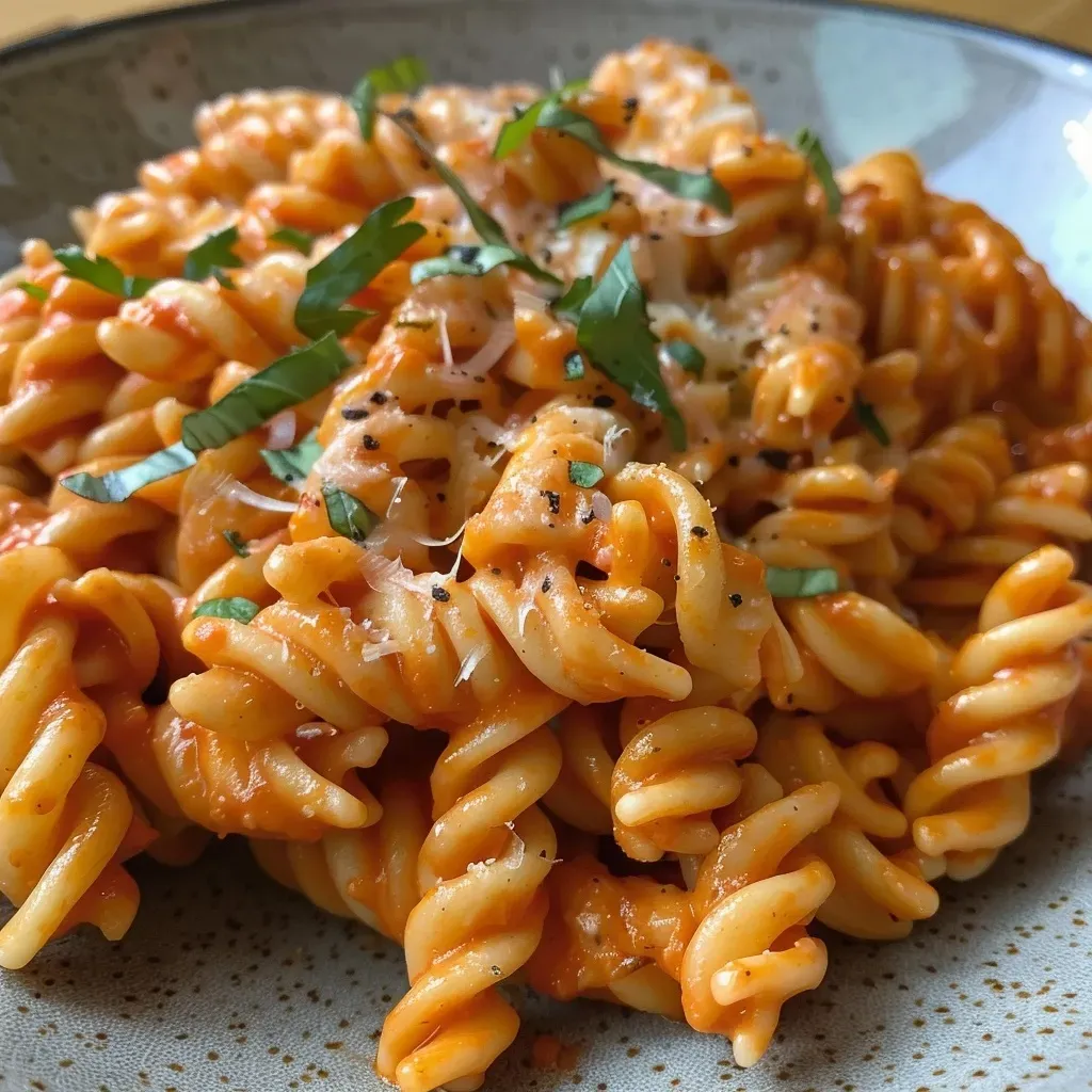 Side angle of pasta dish featuring red paprika and creamy sauce.