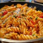 Close-up view of creamy paprika spread in a bowl, garnished with fresh herbs.