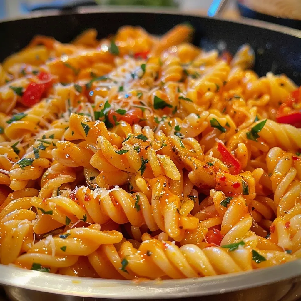 Close-up view of creamy paprika spread in a bowl, garnished with fresh herbs.