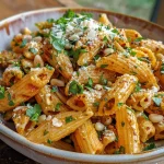 Close-up view of a bowl filled with Paprika Pesto Pasta topped with fresh parsley.