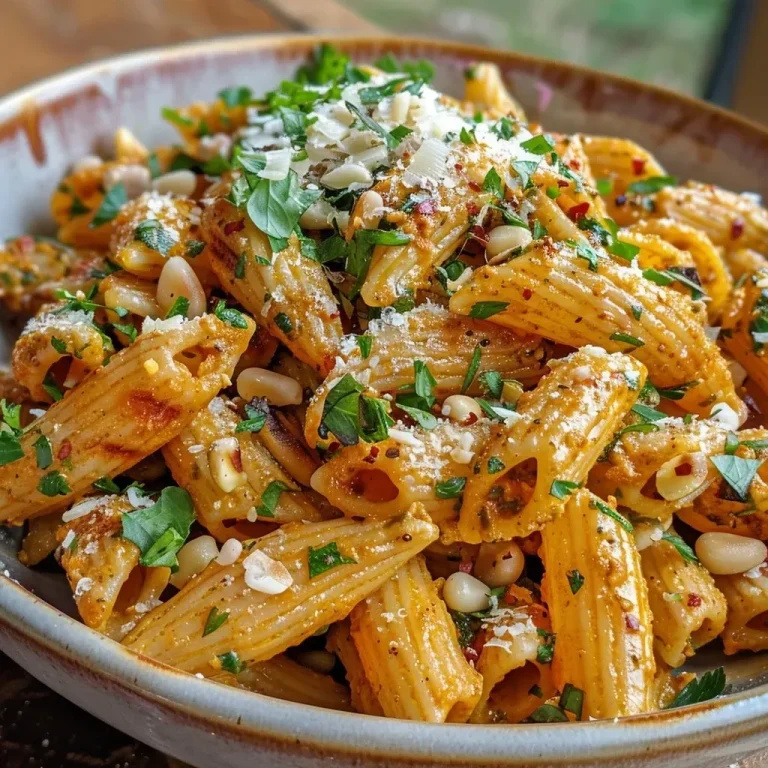 Close-up view of a bowl filled with Paprika Pesto Pasta topped with fresh parsley.