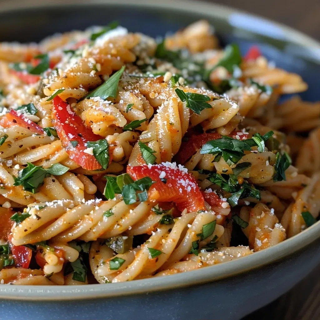 Side profile of a vibrant plate of Paprika Pesto Pasta featuring bright red peppers and parmesan.