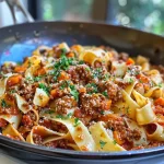 A close-up view of a plate of Pasta Bolognese with rich sauce and herbs.