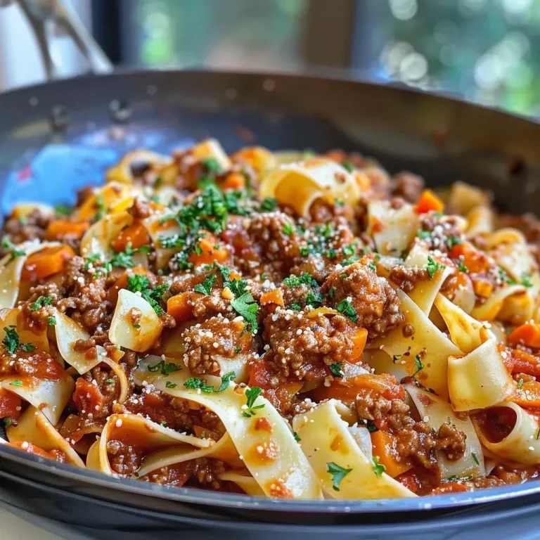 A close-up view of a plate of Pasta Bolognese with rich sauce and herbs.