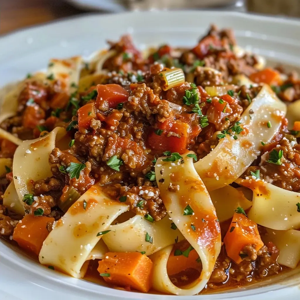 Juicy Pasta Bolognese served on a white plate, garnished with parsley.