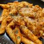 Close-up view of creamy pasta with pumpkin and sage sauce, garnished with fresh herbs.