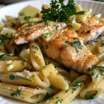 Close-up of baked pasta with salmon topped with mozzarella and cherry tomatoes.