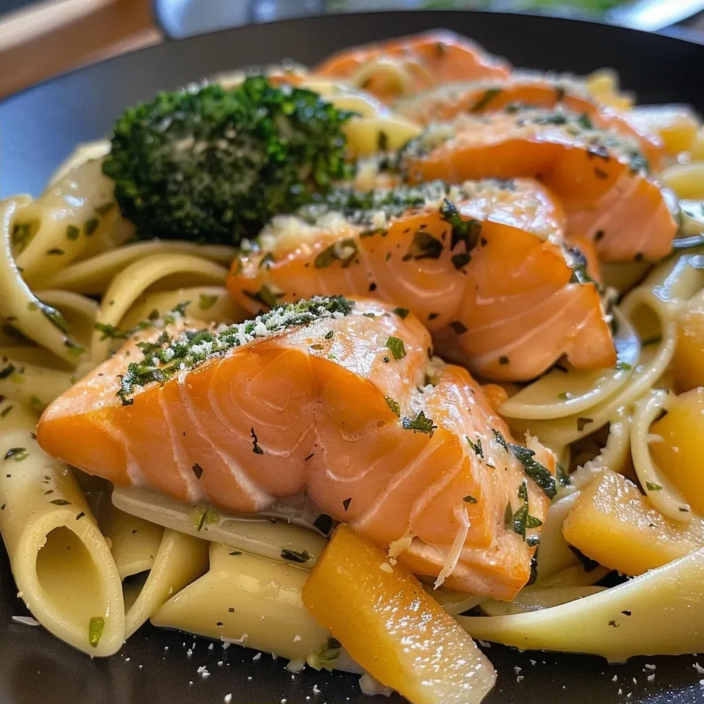 Side view of creamy salmon pasta with fresh spinach and melted cheese.