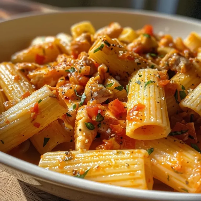 A close-up view of pasta mixed with red bell peppers and tuna.