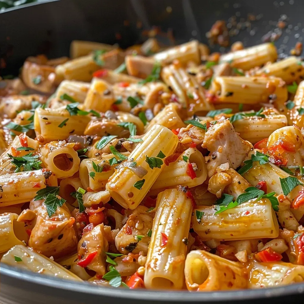 Juicy tortiglioni pasta served with diced red peppers and chunks of tuna.
