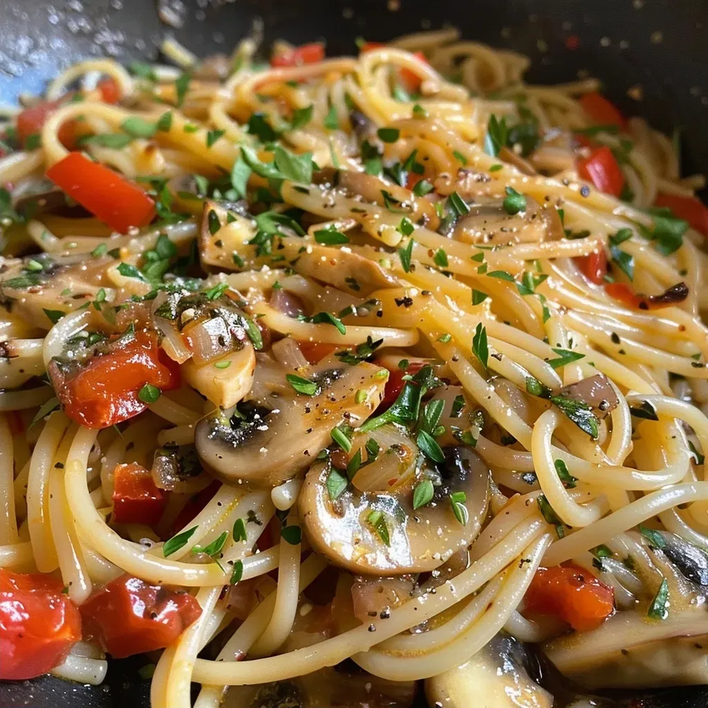 Close-up view of a delicious mushroom and vegetable pasta dish, highlighting fresh ingredients.