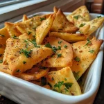 Close-up of golden brown pita chips arranged on a plate.
