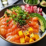A close-up side view of a colorful Poké Bowl featuring fresh salmon, avocado, and various toppings.