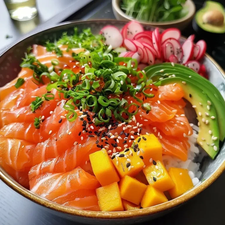 A close-up side view of a colorful Poké Bowl featuring fresh salmon, avocado, and various toppings.