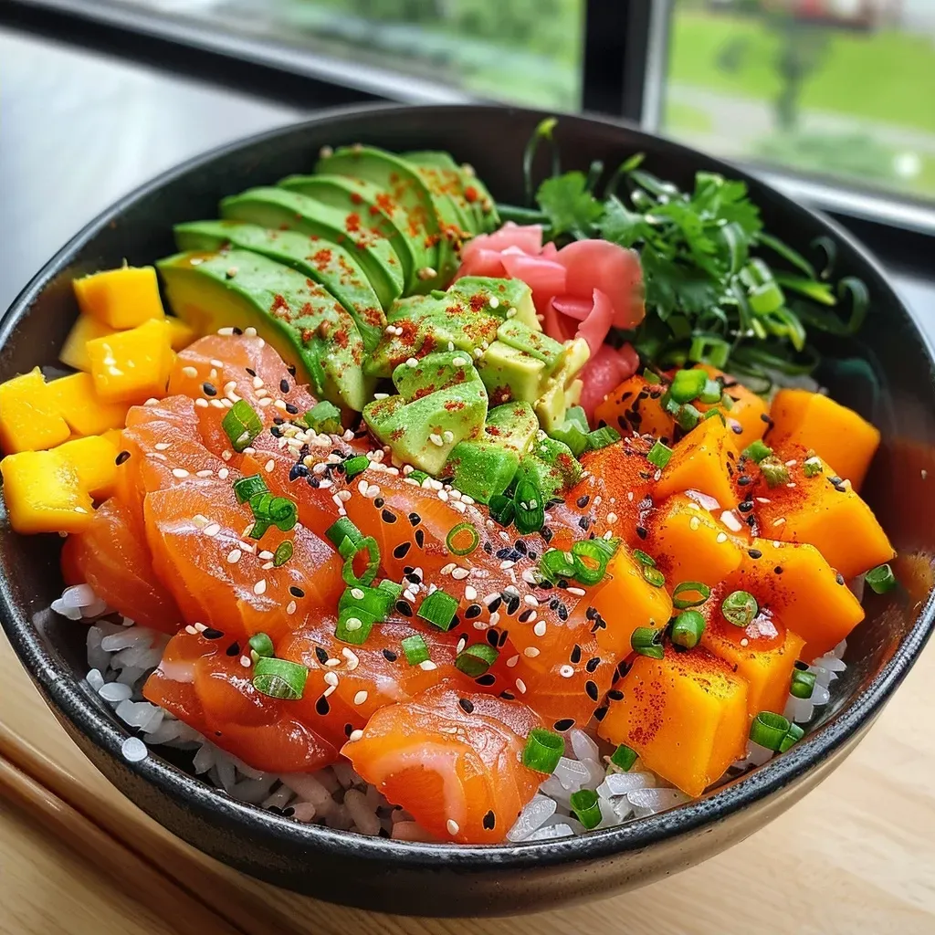 An appetizing Poké Bowl filled with salmon, avocado slices, and a vibrant mix of vegetables.