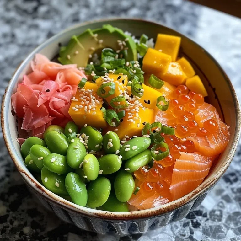 Close-up view of a vibrant Poké Bowl with salmon and fresh vegetables.