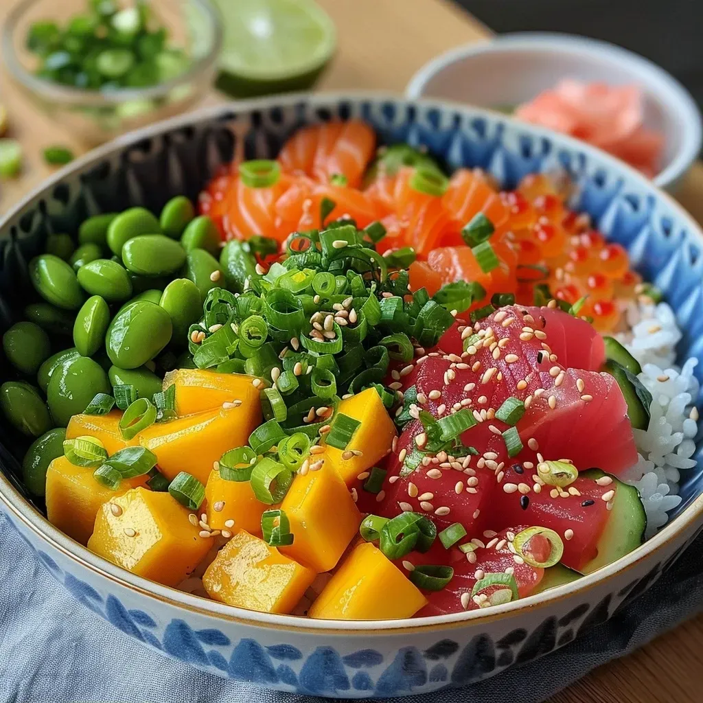 Side angle of a delicious Poké Bowl filled with sushi rice, salmon, and colorful toppings.