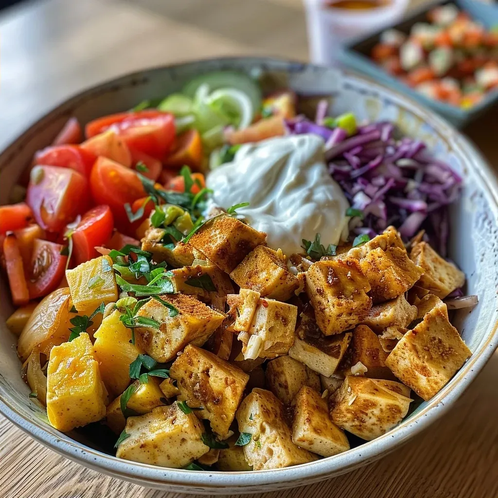 Juicy Pomm Döner Bowl with crispy fries, tofu, fresh vegetables, and yogurt dressing.