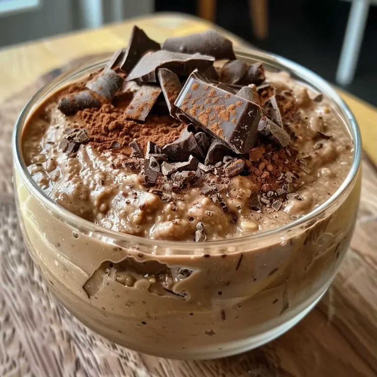 Close-up of a creamy chocolate protein pudding in a clear bowl.