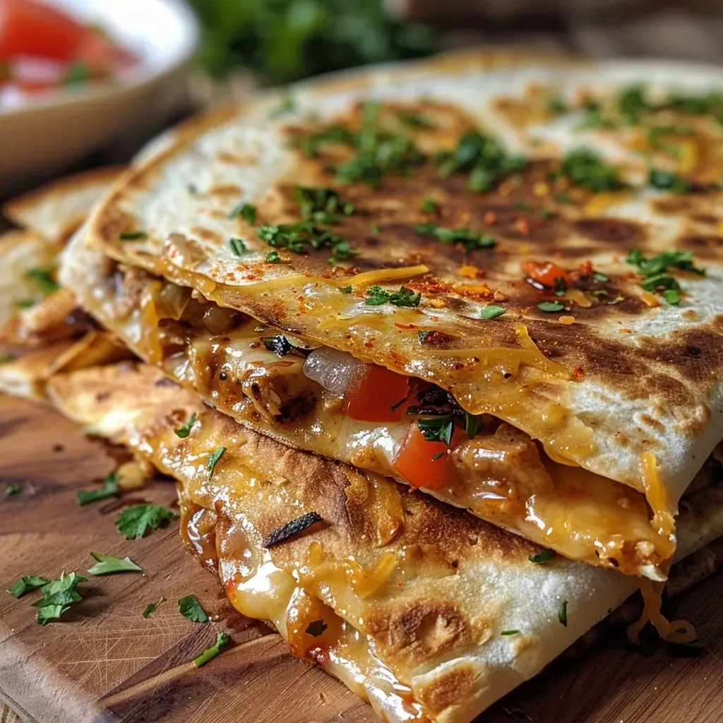 Side view of golden-brown quesadillas with melted cheese and salsa.