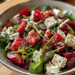A vibrant close-up of Rote Bete salad with walnuts and feta, showcasing fresh ingredients.