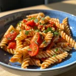 A close-up side view of a bowl of Rote Linsen Pasta with fresh spinach and dried tomatoes.