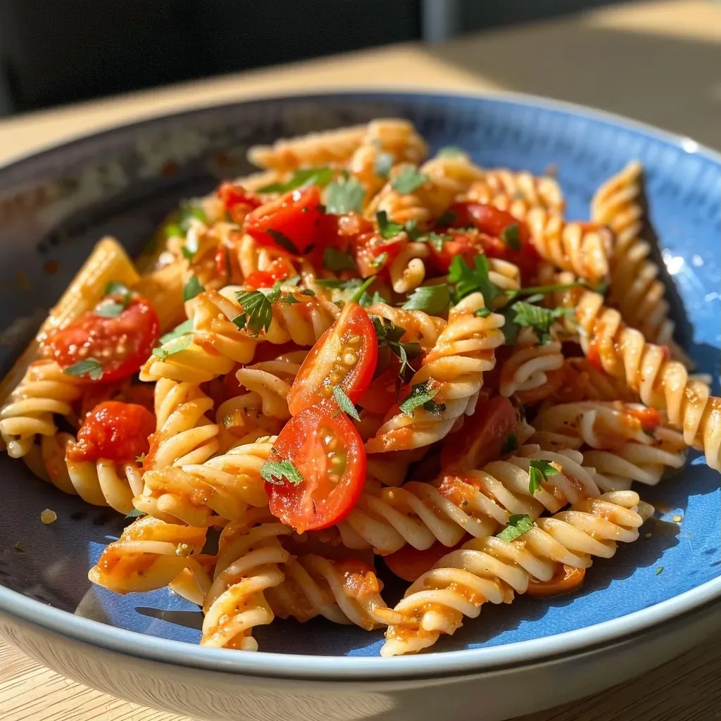 A close-up side view of a bowl of Rote Linsen Pasta with fresh spinach and dried tomatoes.