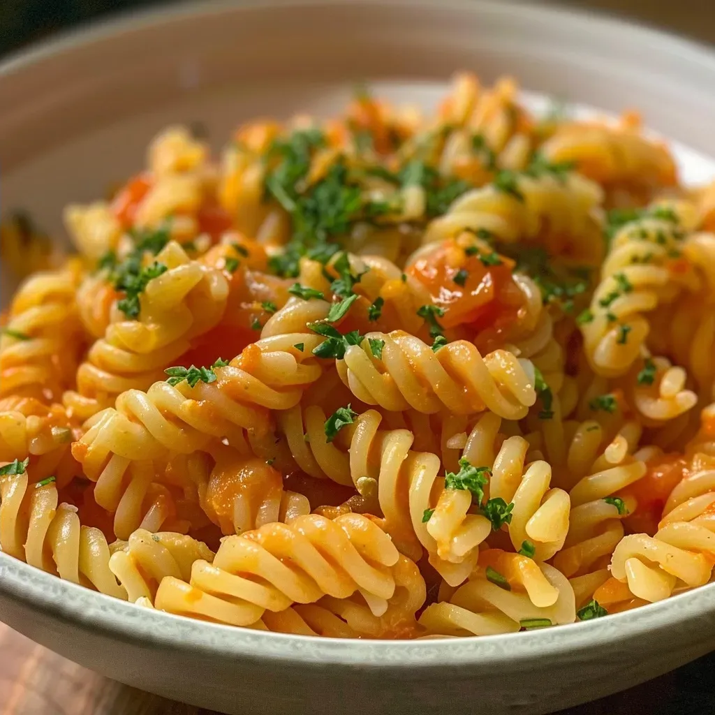 Juicy Rote Linsen Pasta topped with vibrant spinach and tomatoes, captured from a side angle.