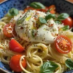 Close-up of Schnelle Burrata Pasta with cherry tomatoes and garnished with basil.