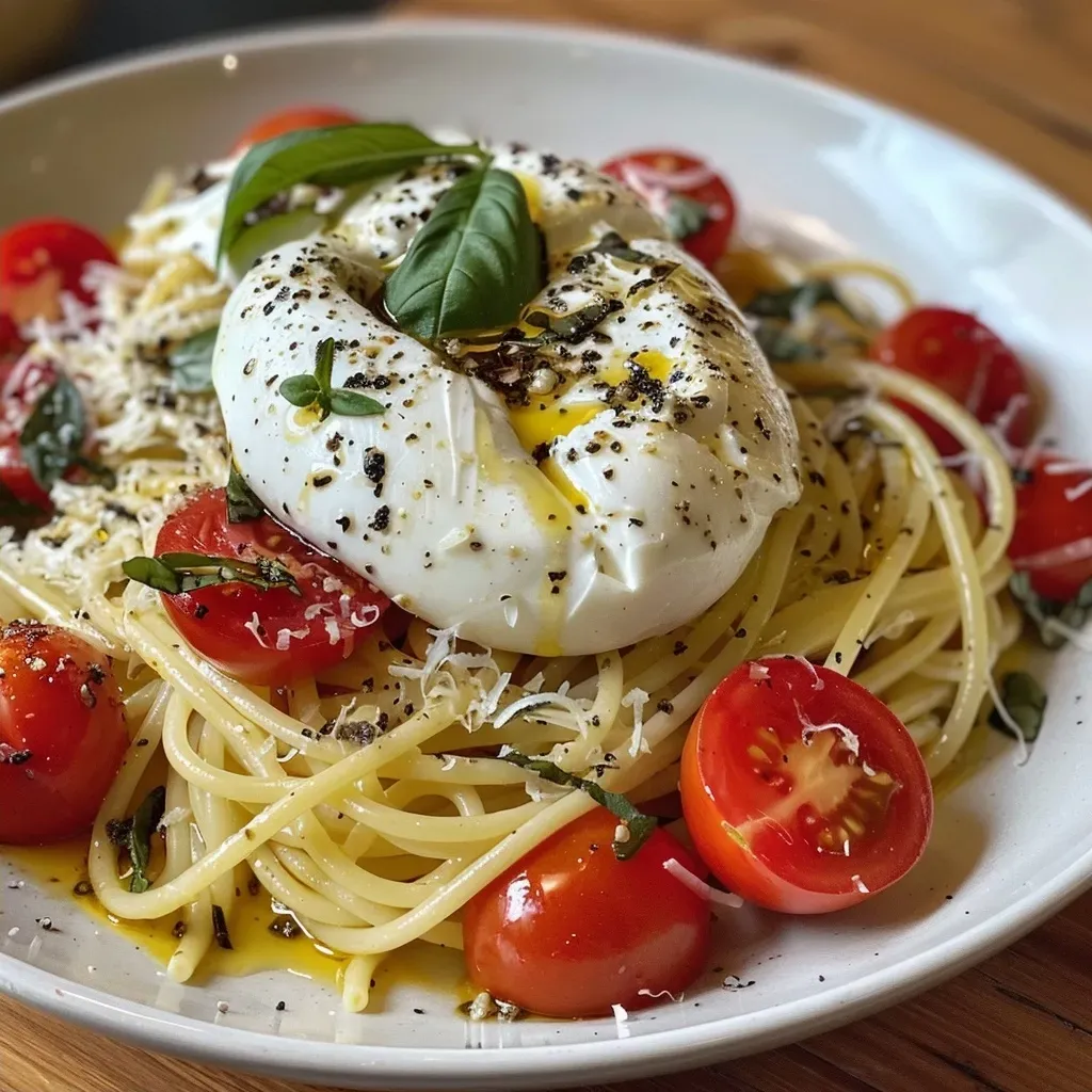 Juicy Burrata pasta dish featuring colorful cherry tomatoes and herbs.