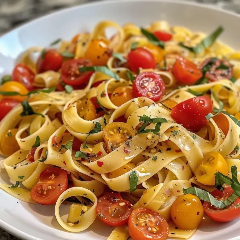 Close-up view of creamy tomato spinach pasta with cherry tomatoes and spinach.