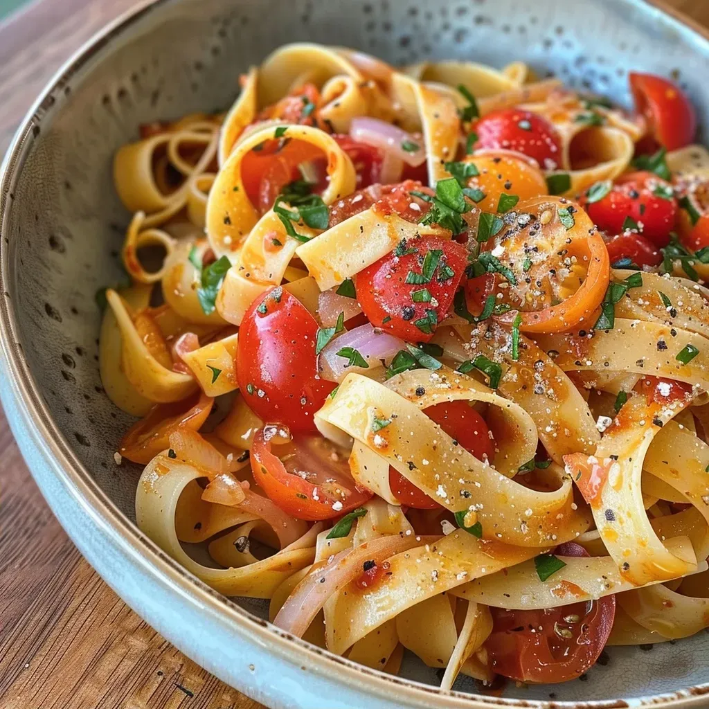 Side angle photograph of tagliatelle pasta mixed with fresh spinach and cherry tomatoes.