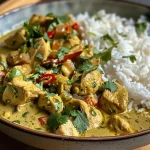 A vibrant bowl of dairy-free chicken curry featuring chicken pieces, herbs, and coconut milk.