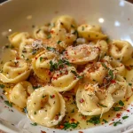 Close-up of a creamy tortellini skillet featuring vibrant sun-dried tomatoes and fresh spinach.