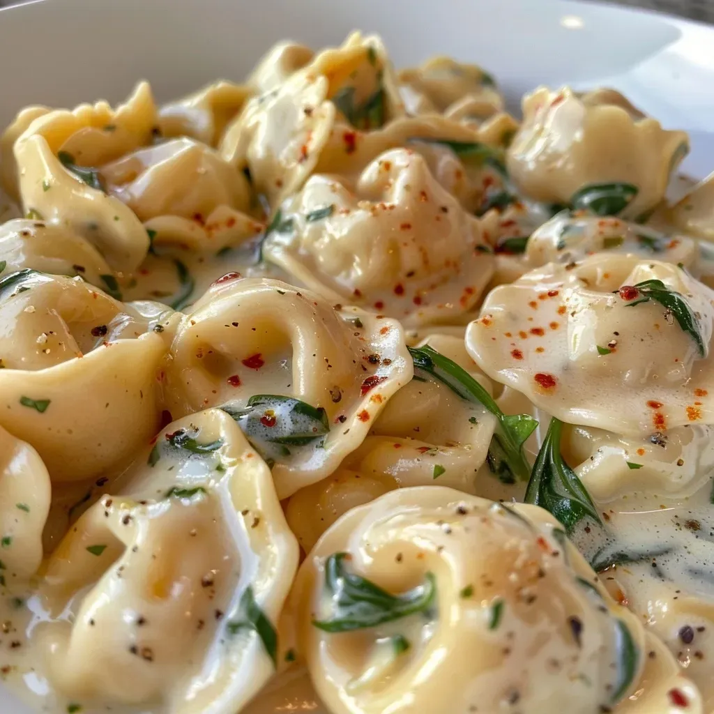 Side view of a delicious one-pot creamy tortellini dish with herbs and spices.