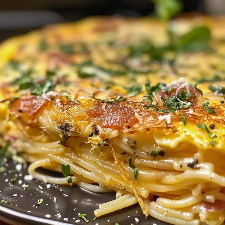 Die schnelle Spaghetti Frittata – Perfekt für jeden Feierabend Close-up view of a golden-brown Spaghetti Frittata with a fluffy texture.