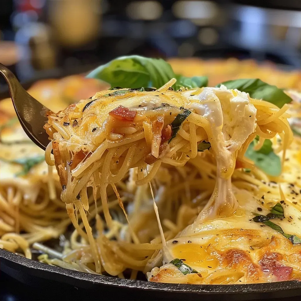 Side angle of a slice of Spaghetti Frittata showcasing cheese and pasta layers.