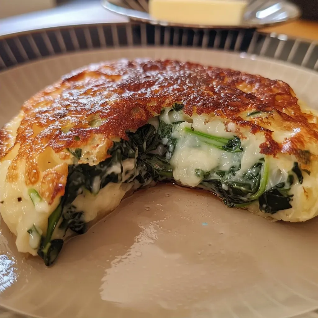 Side view of Spinatknödel, showcasing the green spinach filling and buttery glaze.
