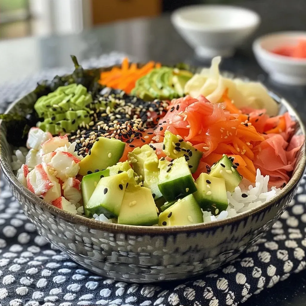 Side view of a sushi bowl filled with sushi rice, fresh vegetables, and toppings, presented in a white bowl.