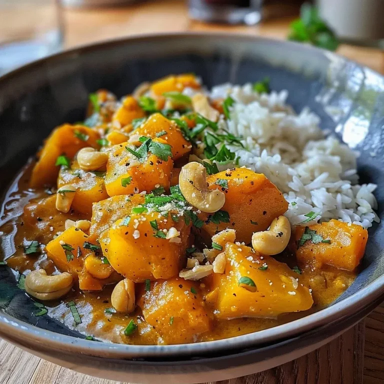 Close-up view of a bowl of Süßkartoffel curry with colorful ingredients.