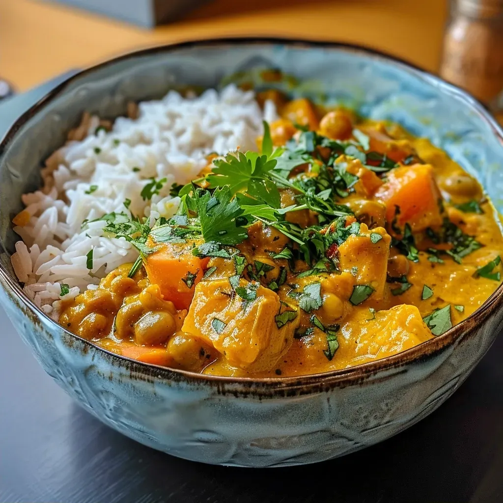 Side view of a delicious Süßkartoffel curry dish showcasing vibrant colors.