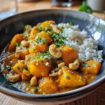 A close-up view of a bowl filled with Süßkartoffel-Curry topped with fresh coriander and peanuts.