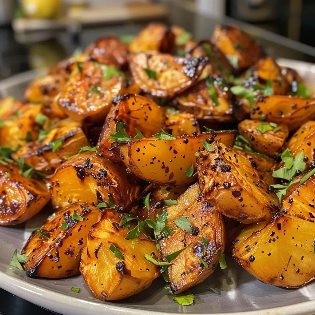 A close-up side view of golden sweet potato fries arranged on a plate.