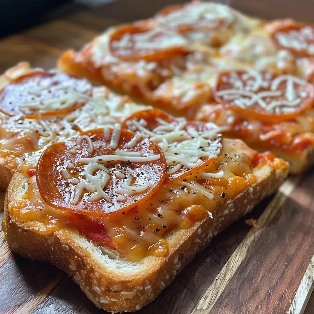 Side view of a juicy Texas Toast Pizza on a plate, showing melted cheese and toppings.