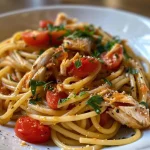 A close-up view of a plate of tuna pasta with lemon slices and capers.