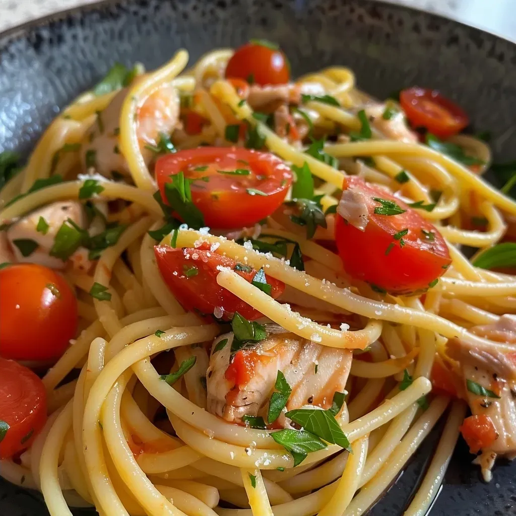 Side view of a bowl filled with spaghetti, tuna, and diced tomatoes topped with fresh basil.
