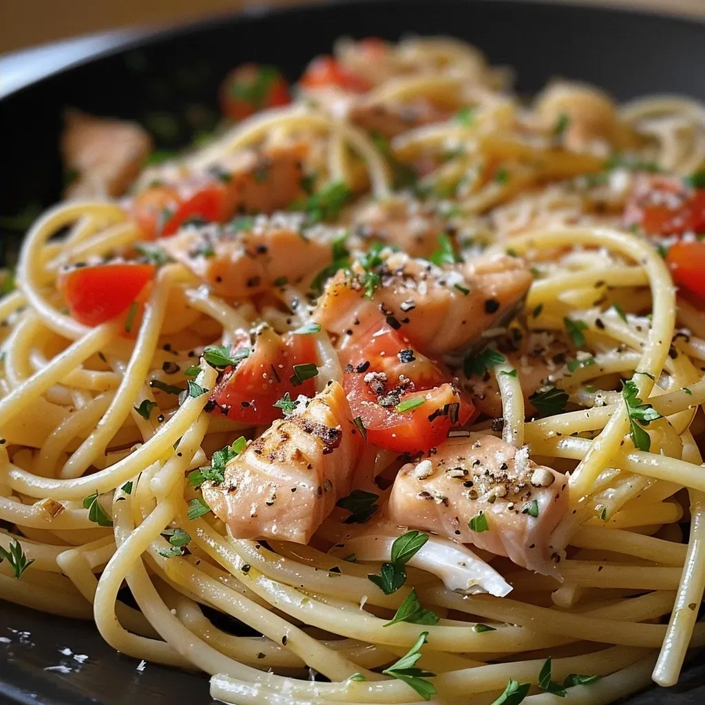 Side view of a delicious plate of Thunfischpasta garnished with fresh parsley and olives.