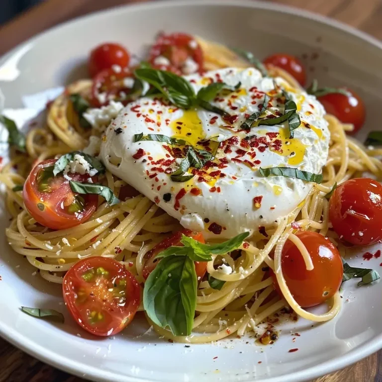 Close-up view of a bowl of Tomato Burrata Pasta with vibrant cherry tomatoes and creamy burrata.