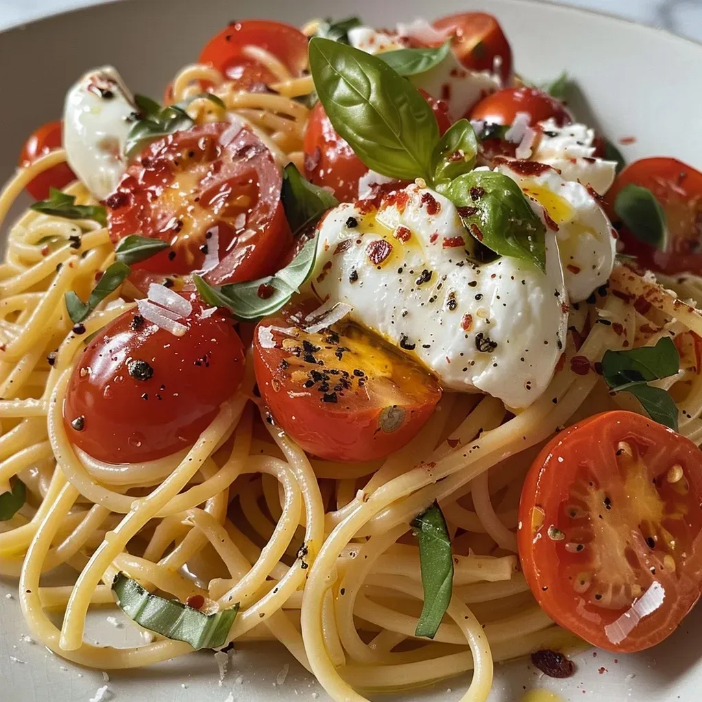 Side angle of delicious Tomato Burrata Pasta featuring colorful ingredients and fresh basil.